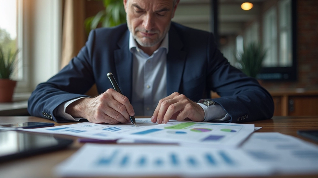 Professioneel adviesgesprek over financiële planning met grafieken en notities op bureau