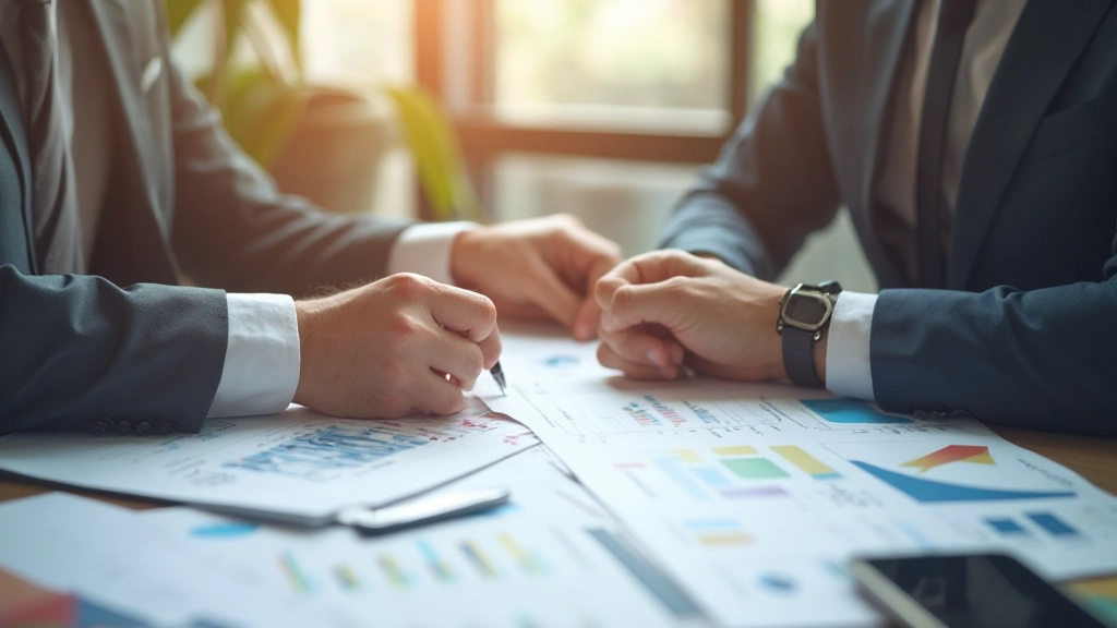 Professional financial advisor reviewing budget documents at organized desk with calculator