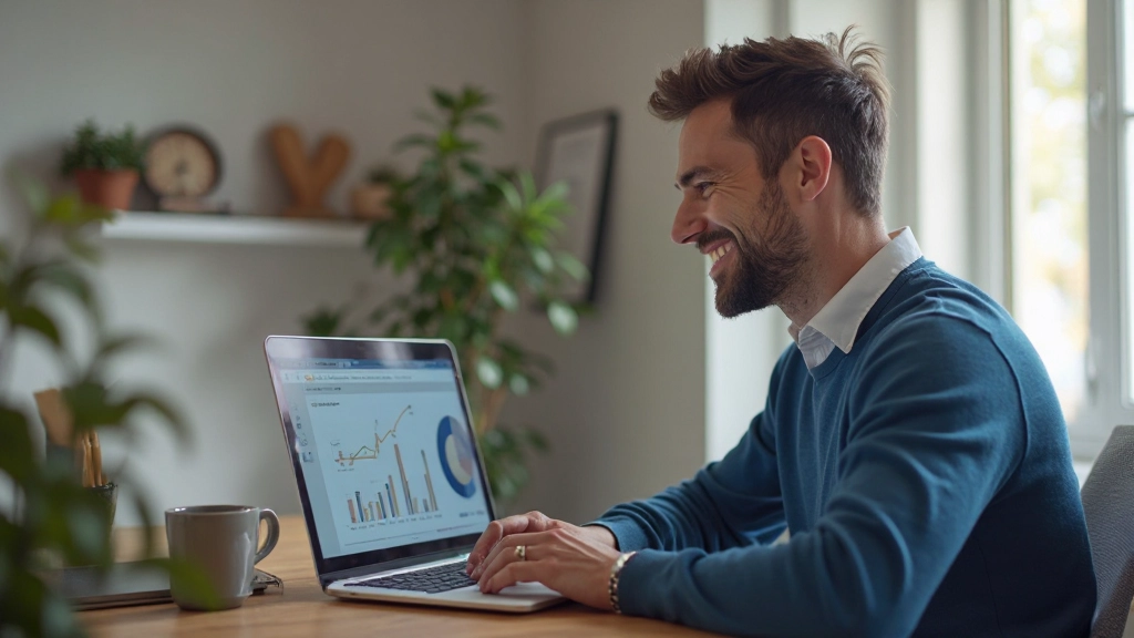 Persoon die positief naar schuldenafbouwprogres kijkt op laptop scherm