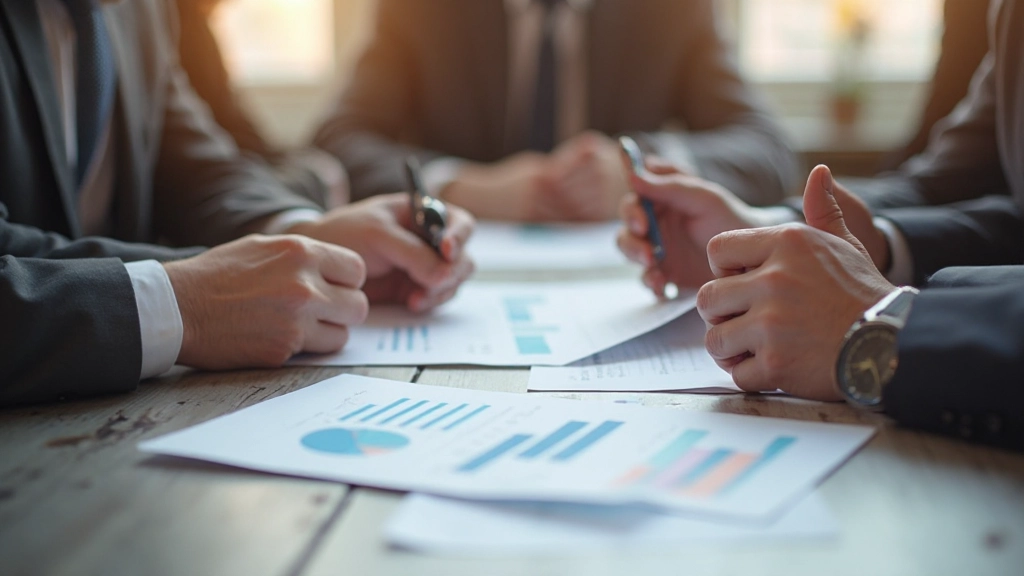 Diverse personen in een financiële planning sessie met grafieken en documenten op een tafel