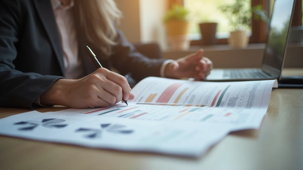 Professioneel foto van iemand die financiële doelstellingen analyseert met grafieken op een bureau met pen en papier