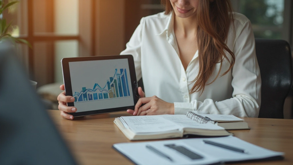 Woman building savings plan with growth chart visualization on tablet in financial planning session