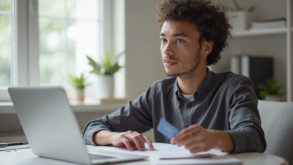 Young professional tracking expenses on laptop while holding credit card in modern home office